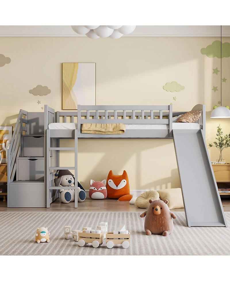 Clihome Stairway Twin Loft Bed with Two Drawers and Slide