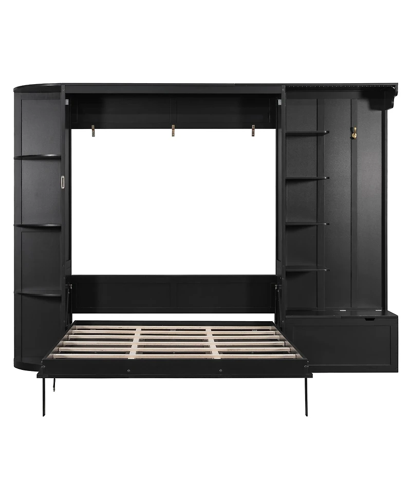 Clihome Queen Murphy Bed with Storage and Lights, Hidden Fold-Out Legs, Oak Veneer Finish, Built-in Shelves Cabinets