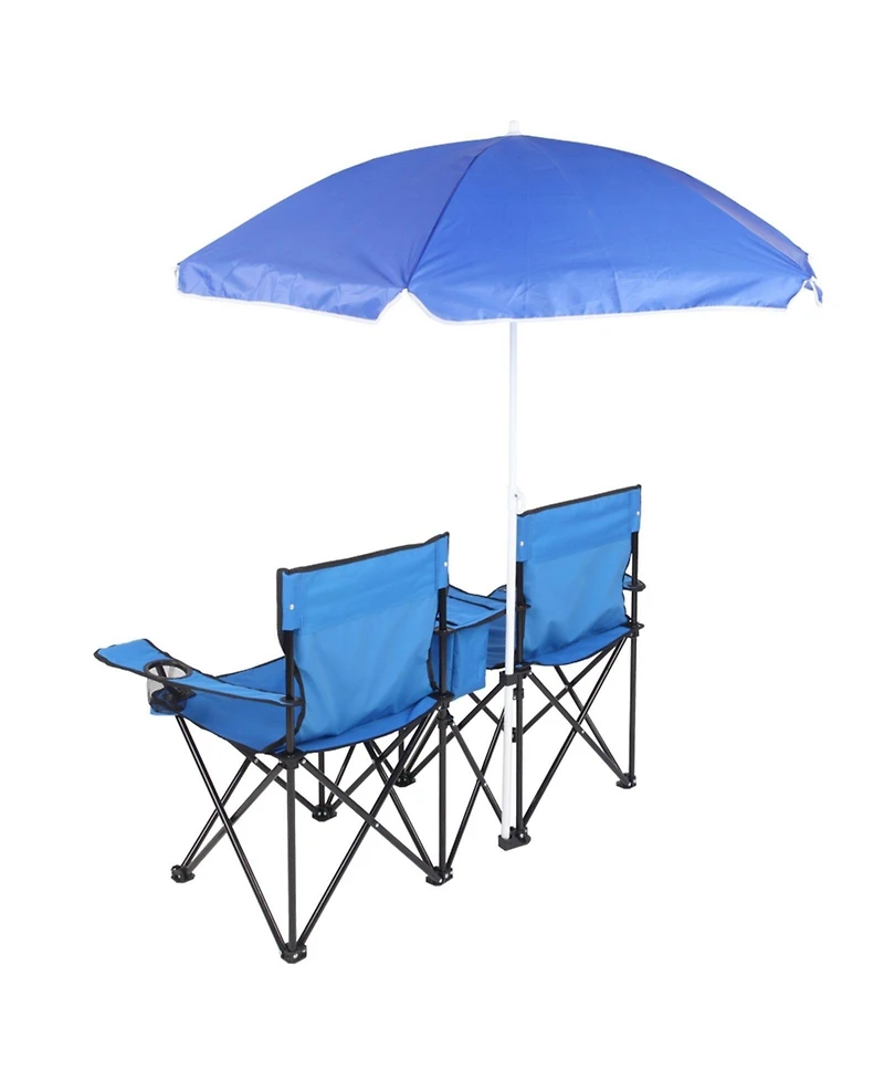 Mountaintop Double Folding Picnic Chairs w/Umbrella Mini Table Beverage Holder Carrying Bag for Beach Patio Pool