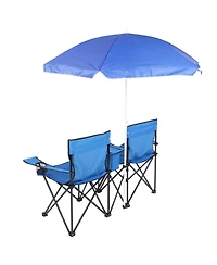 Mountaintop Double Folding Picnic Chairs w/Umbrella Mini Table Beverage Holder Carrying Bag for Beach Patio Pool