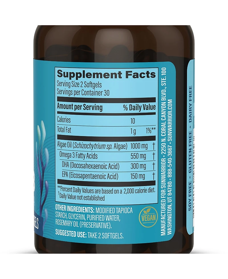 Sunwarrior Omega-3 Algae Oil Softgels, 550 Milligram Omega-3s with Dha and Epa, 60 Softgels