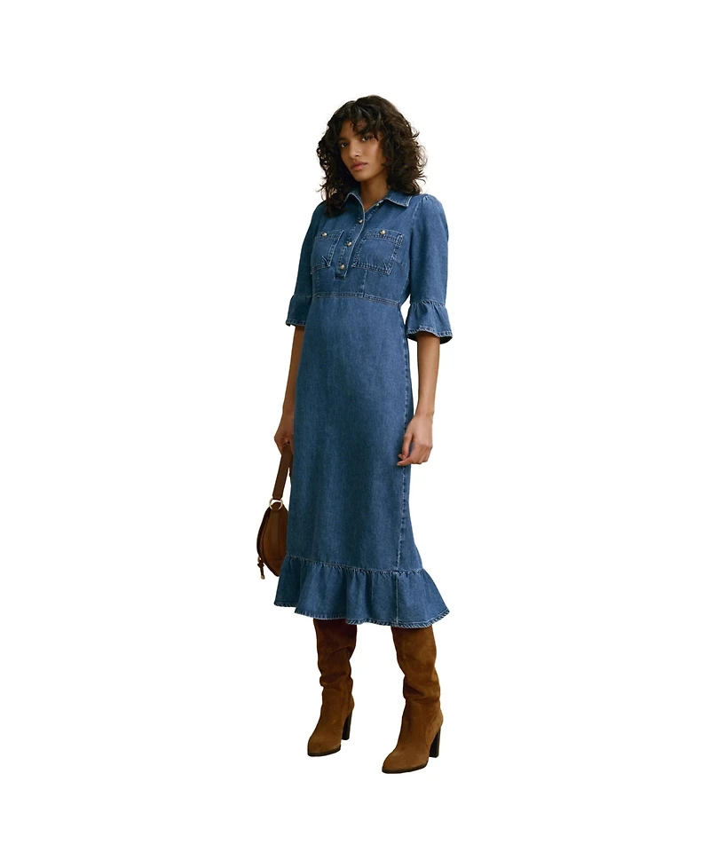 Mint Velvet Women's Denim Ruffle-Hem Midi Shirt Dress