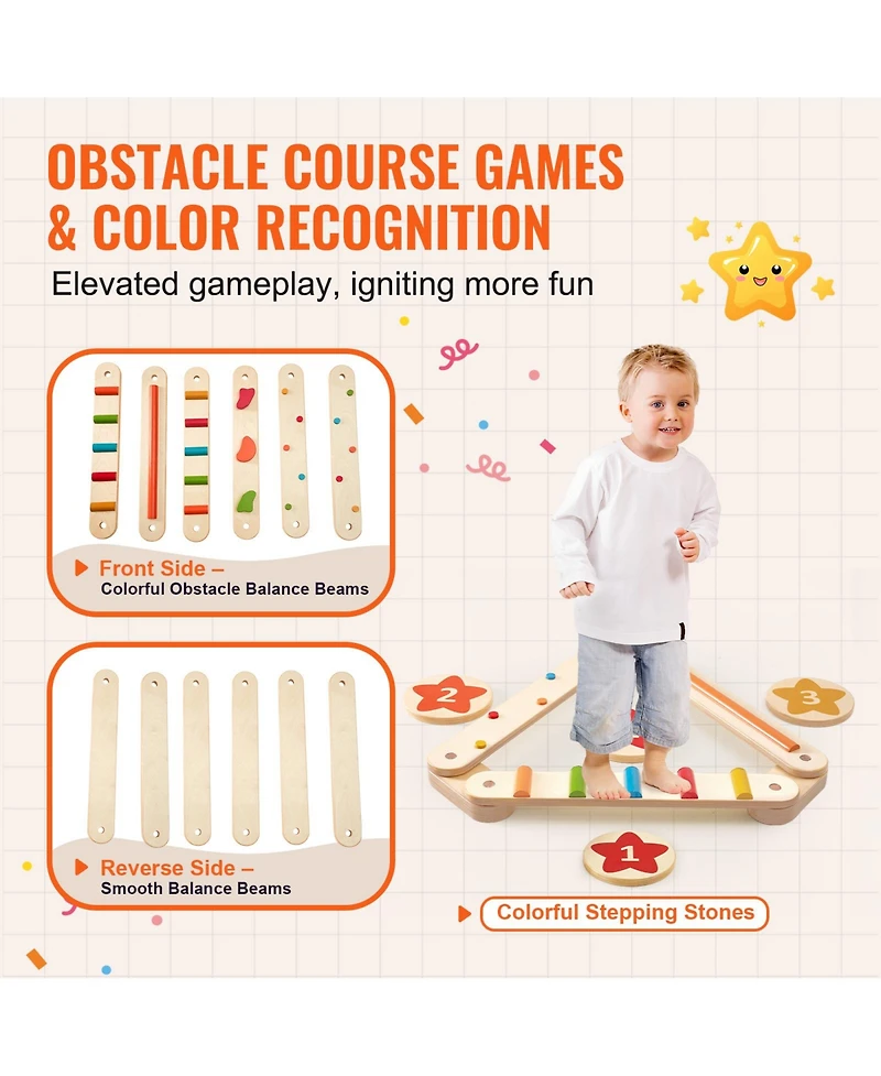 Sevorley Wooden Balance Beam Stepping Stones, 6-Piece Montessori Obstacle Course Toy for Kids 2-6
