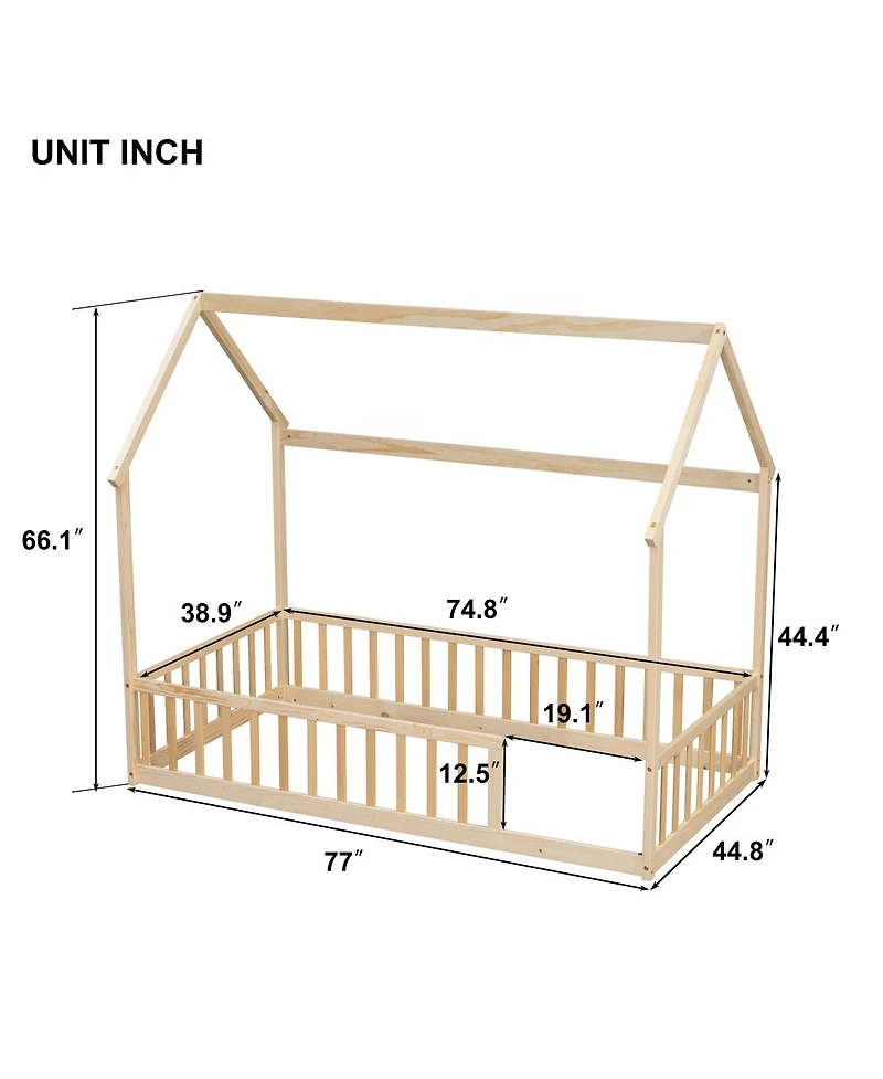 Streamdale Furniture Twin House Floor Bed with Roof and Guardrails