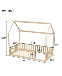 Streamdale Furniture Twin House Floor Bed with Roof and Guardrails