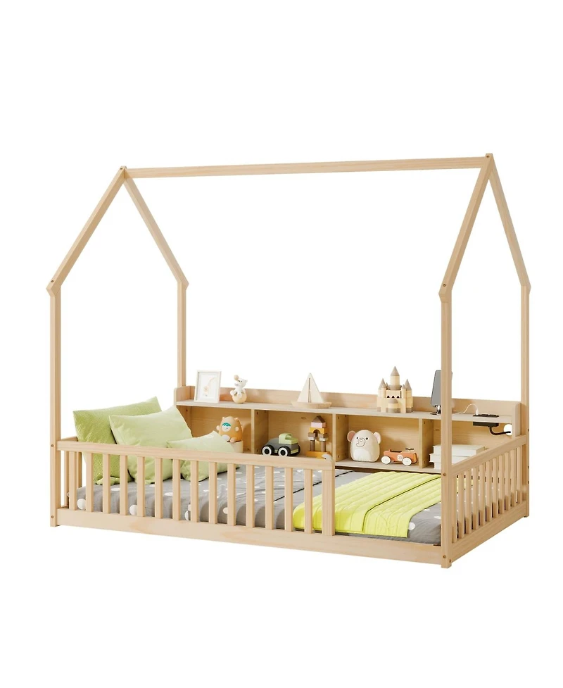 Streamdale Furniture Twin House Floor Bed with Led, Charging Station and Storage