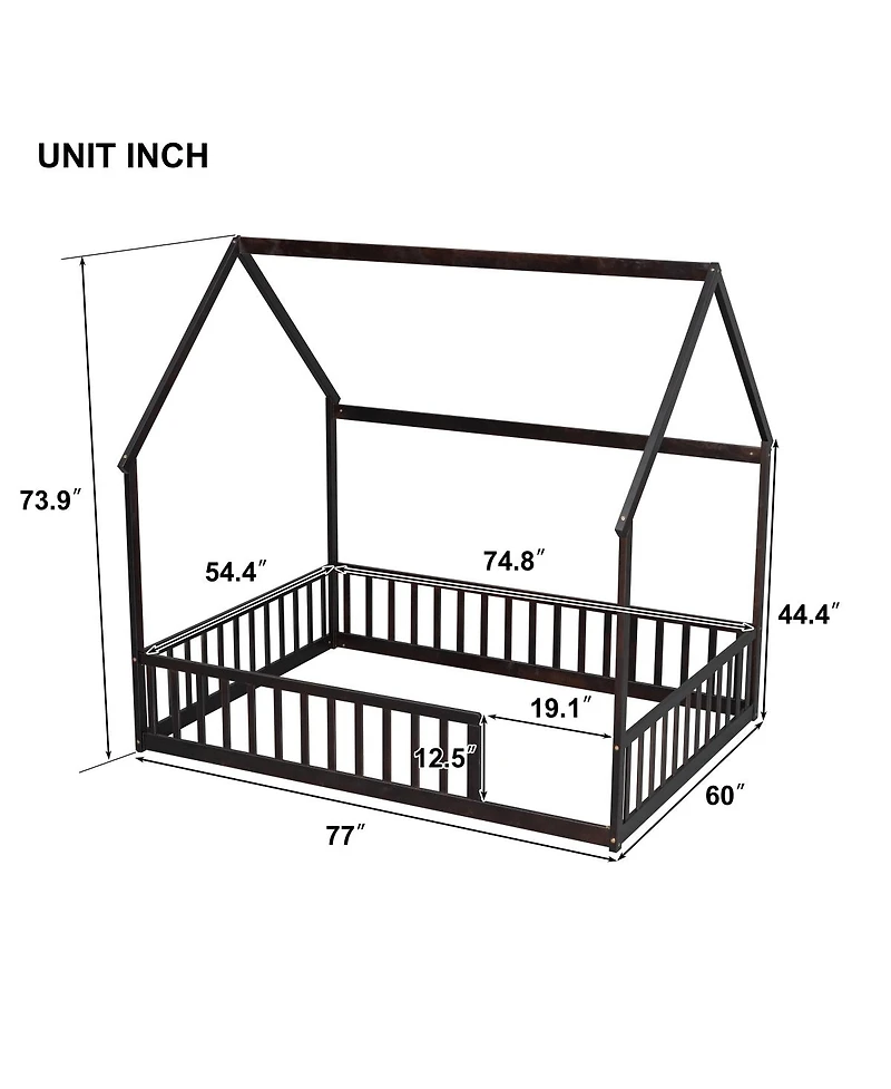 Streamdale Furniture Full Size House Floor Bed with Roof, Guardrails