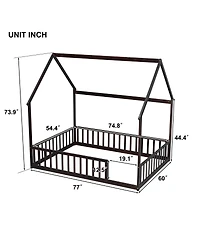 Streamdale Furniture Full Size House Floor Bed with Roof, Guardrails