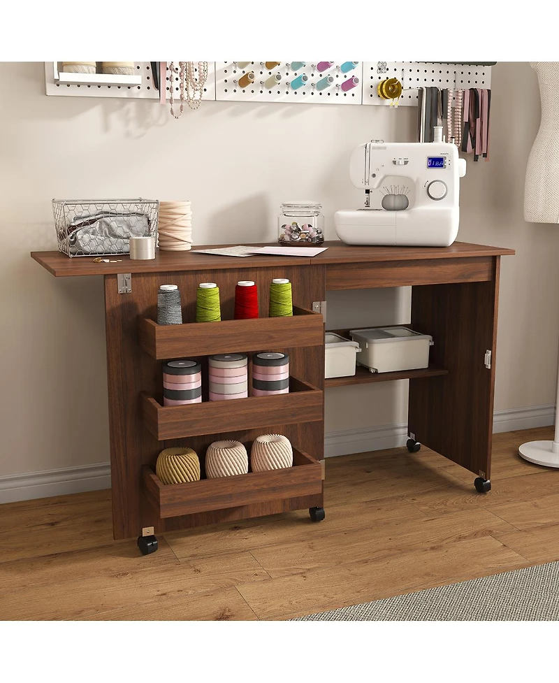 Streamdale Furniture Walnut 4-in-1 Folding Sewing Table and Craft Station with Wheels