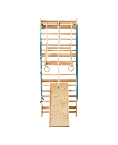 Slickblue 8 in 1 Wooden Wall Gym Ladder with Swing and Climbing Accessories, 220 lbs Capacity, Ages 3-10