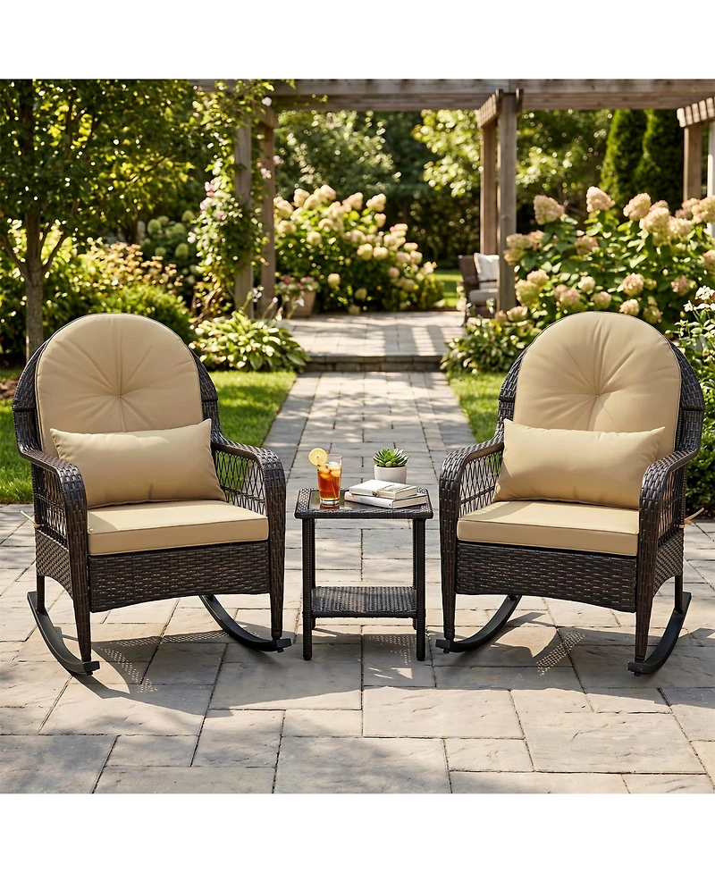 Gymax 2 Piece Outdoor Wicker Rocking Chair 400 Lbs Patio Rattan Rocker Chair with Anti-Tip Stoppers