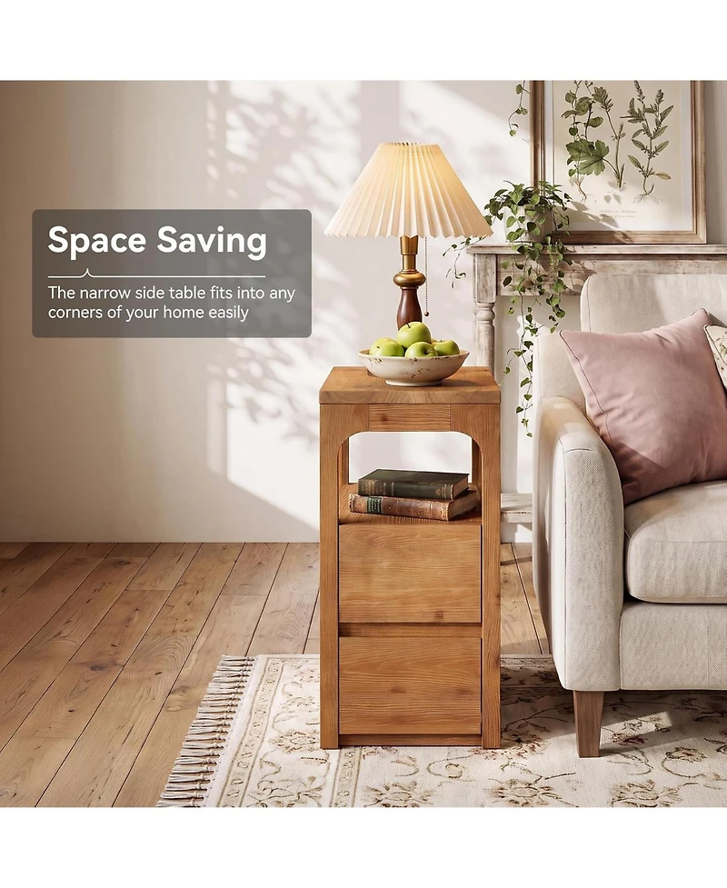 Tribesigns Narrow Solid Wood End Table with 2 Drawers and Open Shelf