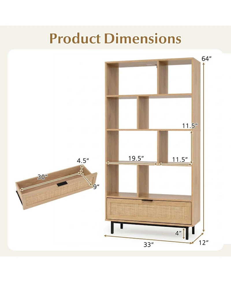 Sugift 64 Inch 6-Tier Tall Wooden Bookcase with 8 Open Cubes and Pull-Out Rattan Drawer