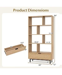 Sugift 64 Inch 6-Tier Tall Wooden Bookcase with 8 Open Cubes and Pull-Out Rattan Drawer