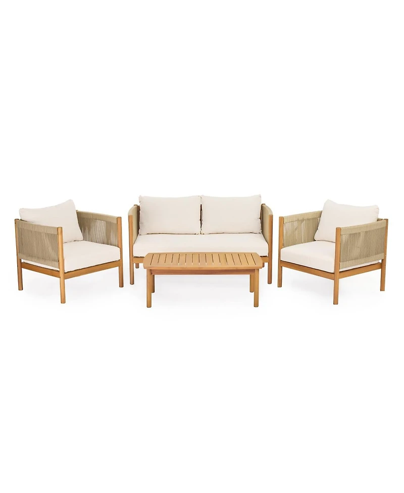 Asagikoiai 4-Piece Rope Outdoor Patio Conversation Set with Acacia Wood Frame and Cushions
