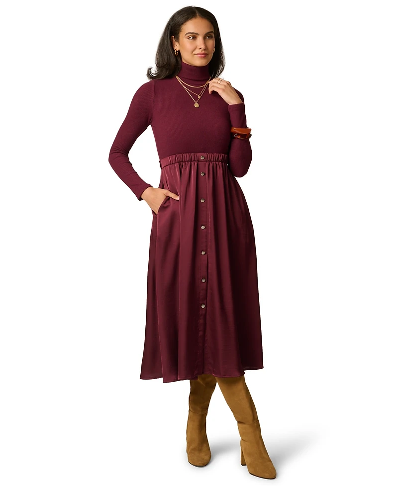 Adrianna Papell Women's Amelia Turtleneck Long-Sleeve A-Line Midi Dress