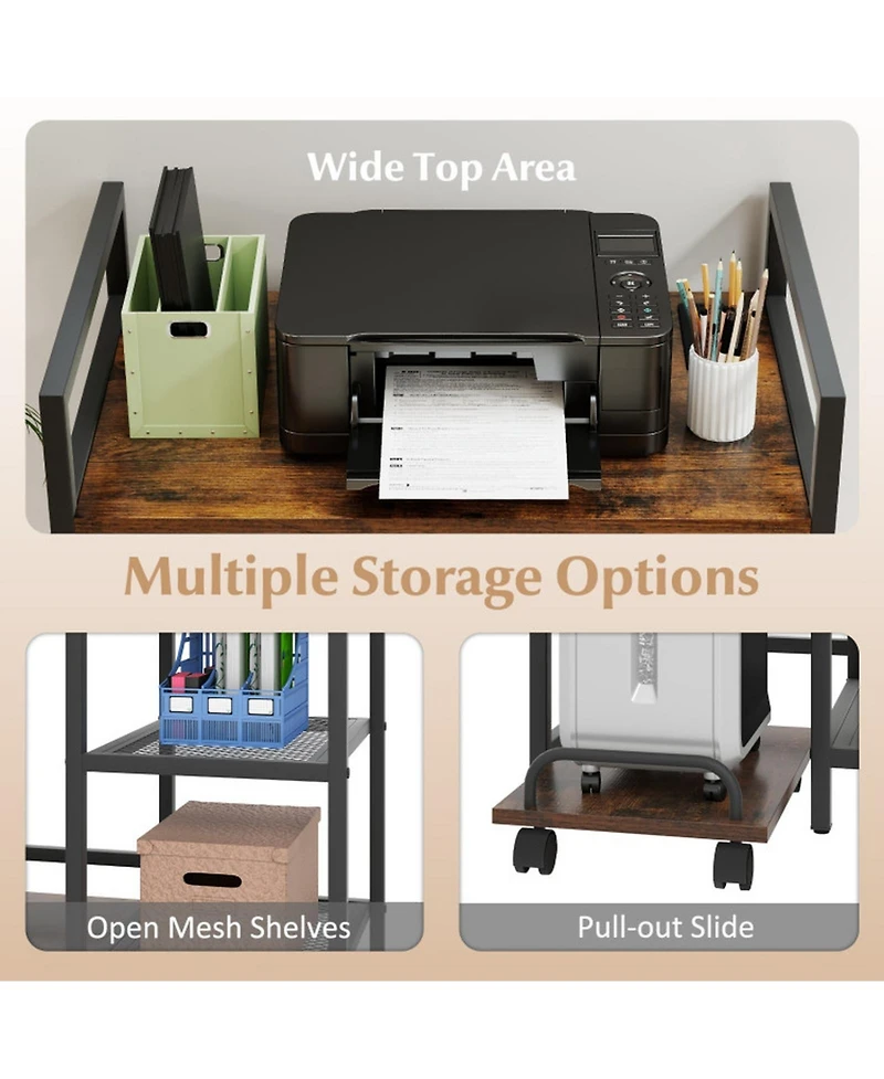 Sugift Rolling Printer Stand with Charging Station and 2-Tier Mesh Storage Shelves
