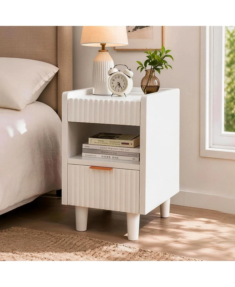 Flynama 2 Pack Fluted Nightstand, Integrated Base Bedside Table with Drawer and Open Cubby