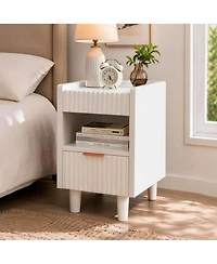 Flynama 2 Pack Fluted Nightstand, Integrated Base Bedside Table with Drawer and Open Cubby