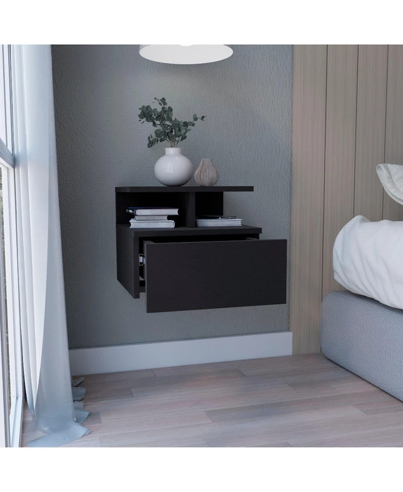 Flynama Wall-Mounted Floating Nightstand, 12" H Drawer and 2-Tier Open Shelf Side Table