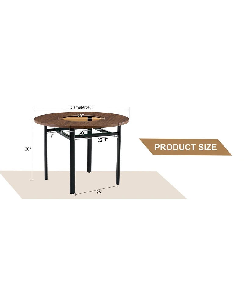 Flynama Round Wood Grain Dining Table with Glass Inlay and Glass Shelf