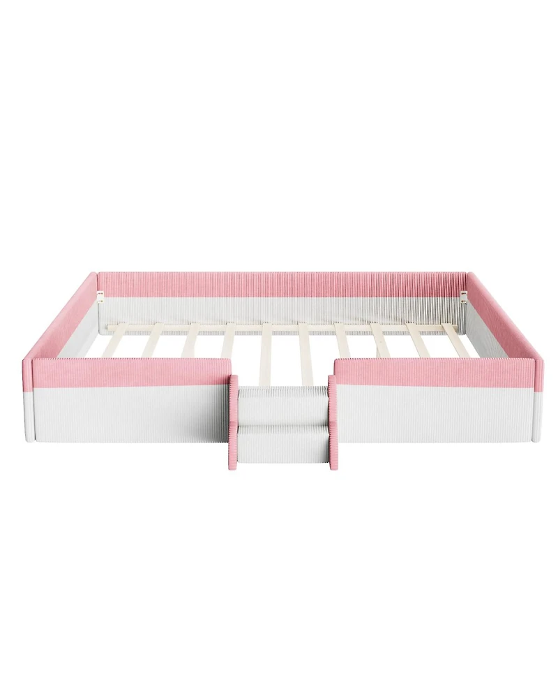 Streamdale Furniture King Size Upholstered Floor Bed with Fence and Led Lights