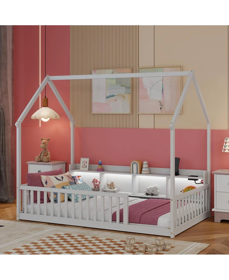 Streamdale Furniture Twin House Floor Bed with Storage, Led and Charging Station