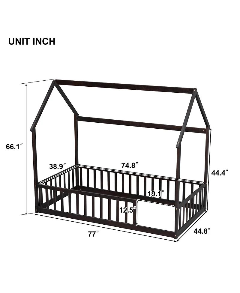 Streamdale Furniture Twin Wood House Floor Bed with Guardrails