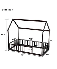 Streamdale Furniture Twin Wood House Floor Bed with Guardrails