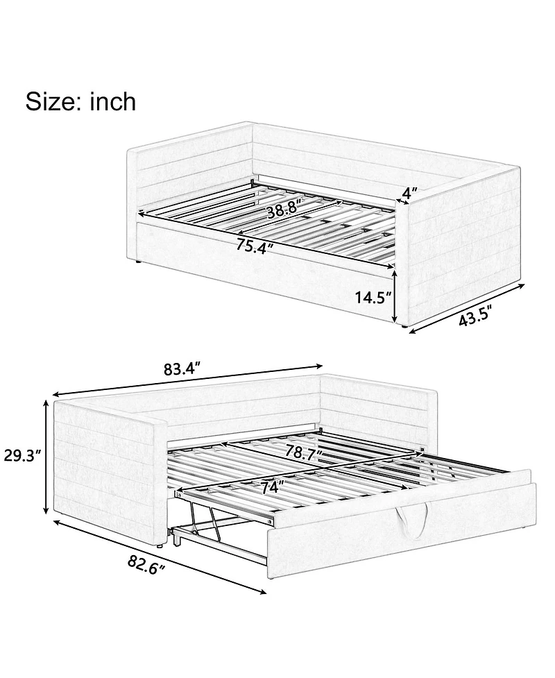 Streamdale Furniture Twin Upholstered Daybed with Pop-Up Trundle, Twin to King