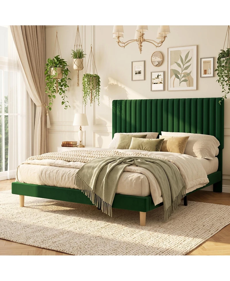 Gaomon Velvet Upholstered Platform Bed Frame with Adjustable Headboard, Vertical Channel Tufted
