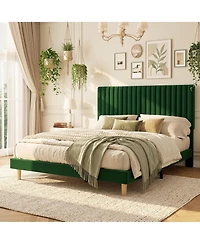 Gaomon Velvet Upholstered Platform Bed Frame with Adjustable Headboard, Vertical Channel Tufted