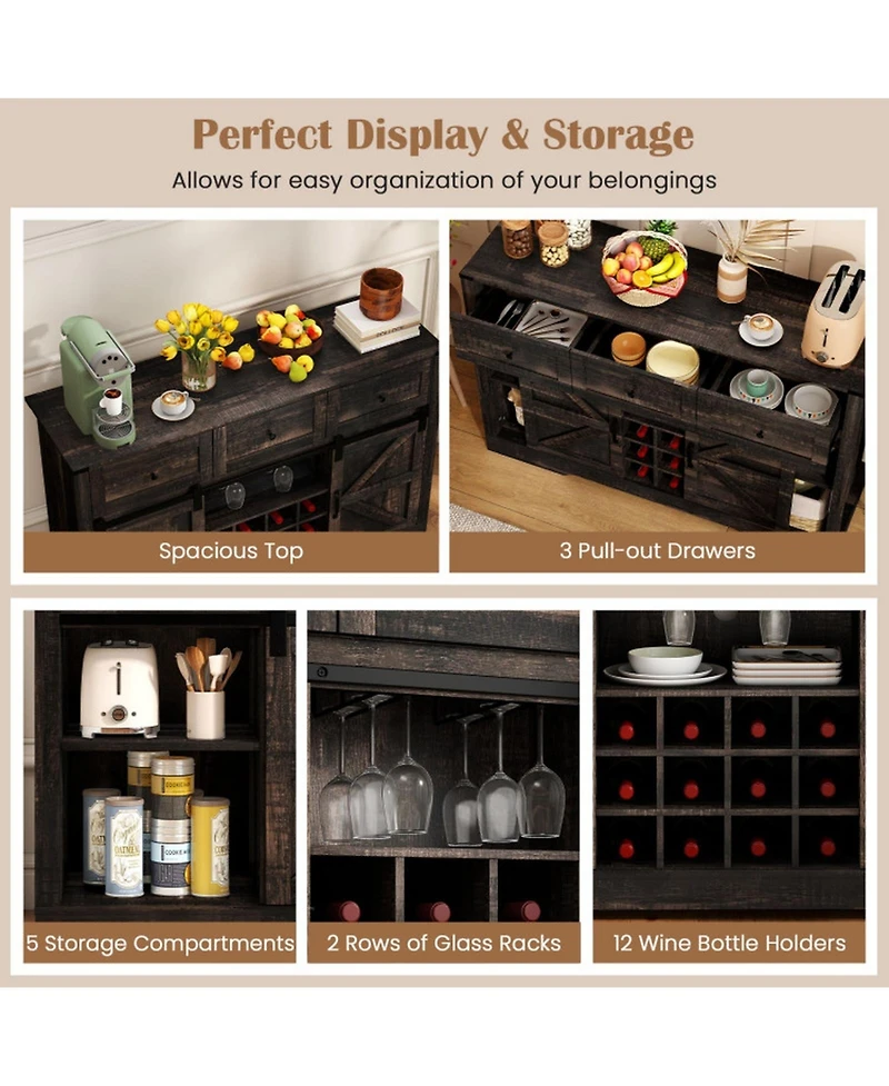 Sugift 52 Inch Wine Bar Cabinet with Led Lights Sliding Barn Doors and Glass Racks