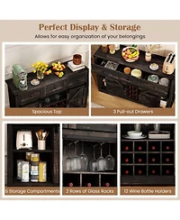 Sugift 52 Inch Wine Bar Cabinet with Led Lights Sliding Barn Doors and Glass Racks