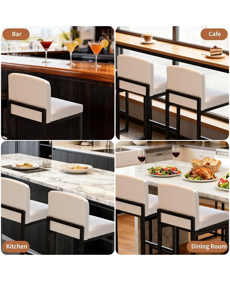 gaomon White Bar Stools Set of 6 Counter Height Faux Leather Upholstered Chairs with Backrest Sturdy Metal Legs for Kitchen Island Dining Room