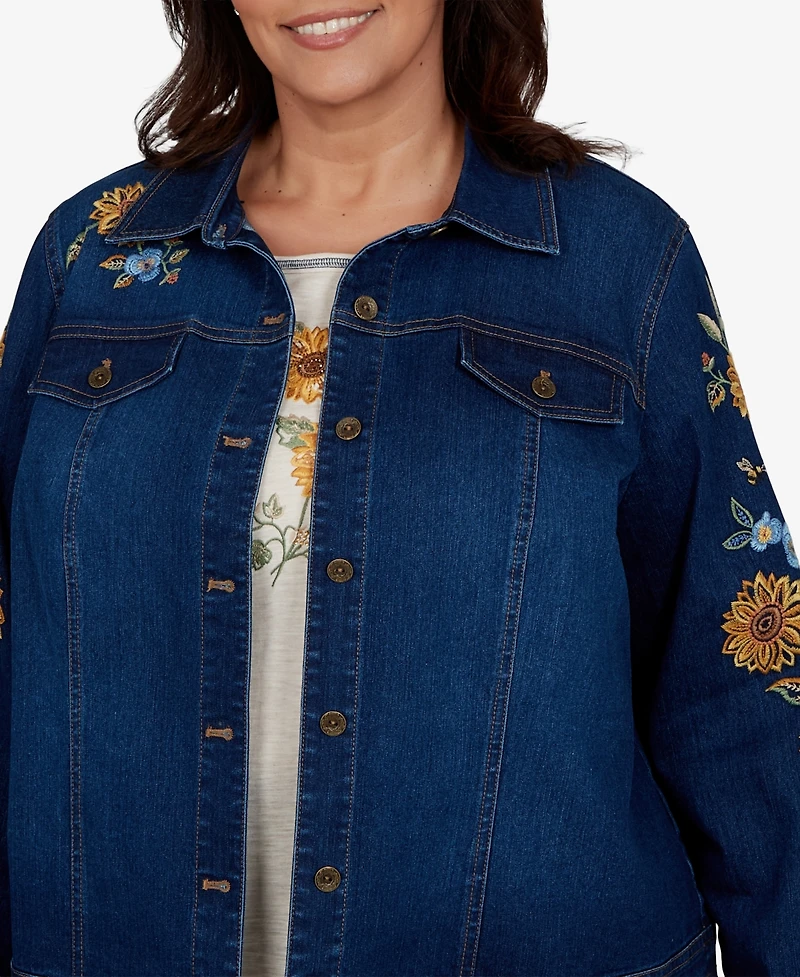 Alfred Dunner Plus Floral-Embroidered Denim Jacket