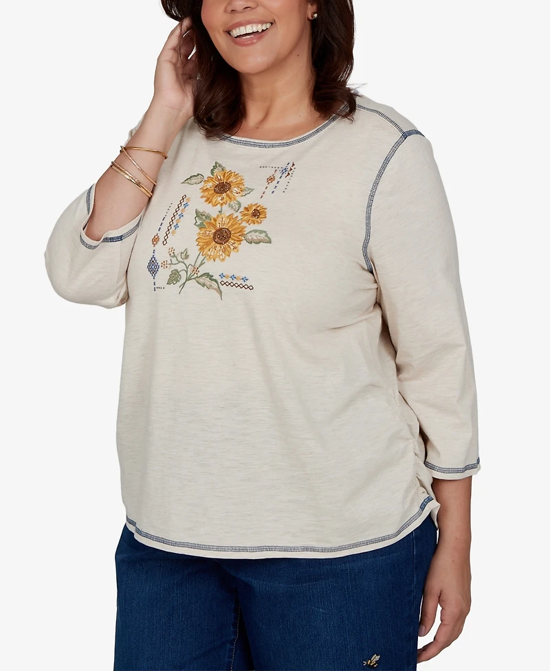 Alfred Dunner Plus 3/4-Sleeve Sunflower-Graphic Cotton-Polyester Blend T-Shirt