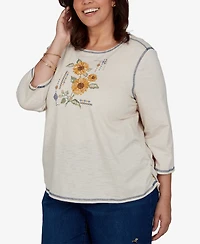 Alfred Dunner Plus 3/4-Sleeve Sunflower-Graphic Cotton-Polyester Blend T-Shirt