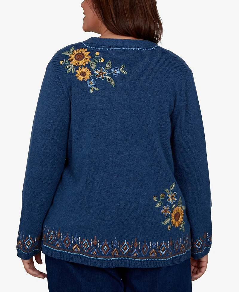 Alfred Dunner Plus V-Neck Long-Sleeve Floral-Embroidered Cotton-Blend Cardigan Sweater
