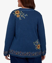 Alfred Dunner Plus V-Neck Long-Sleeve Floral-Embroidered Cotton-Blend Cardigan Sweater