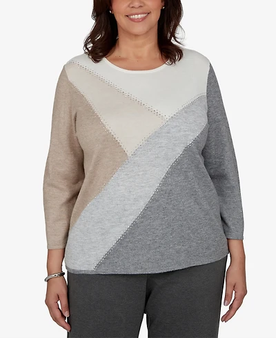 Alfred Dunner Plus 3/4-Sleeve Colorblock Crewneck Pullover Sweater