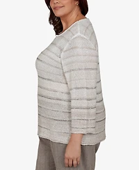 Alfred Dunner Plus Crew Neck 3/4-Sleeve Striped Sweater