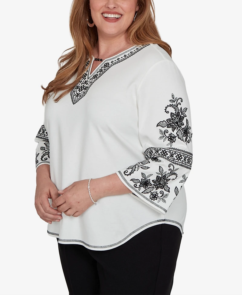 Alfred Dunner Plus 3/4-Sleeve Keyhole Neck Cotton-Blend Blouse