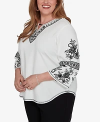 Alfred Dunner Plus 3/4-Sleeve Keyhole Neck Cotton-Blend Blouse