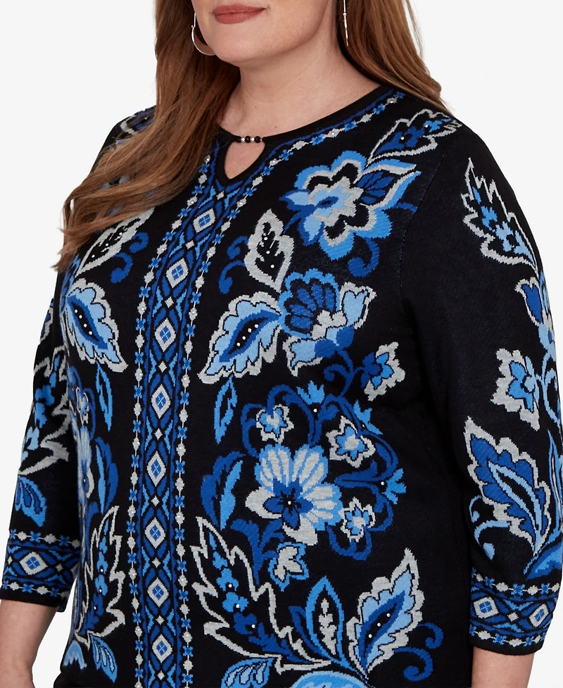 Alfred Dunner Plus Keyhole Neck 3/4-Sleeve Pullover Sweater