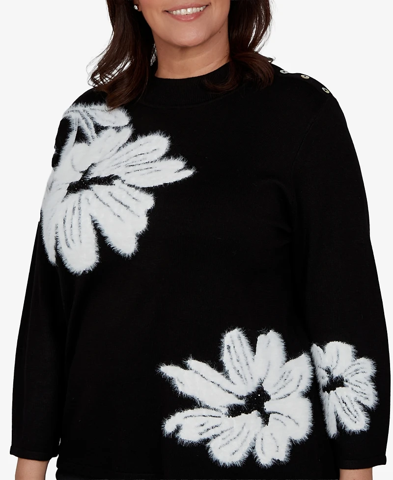 Alfred Dunner Plus 3/4-Sleeve Floral-Print Crewneck Pullover Sweater