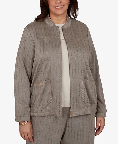 Alfred Dunner Plus Striped Mandarin Collar Bomber Jacket