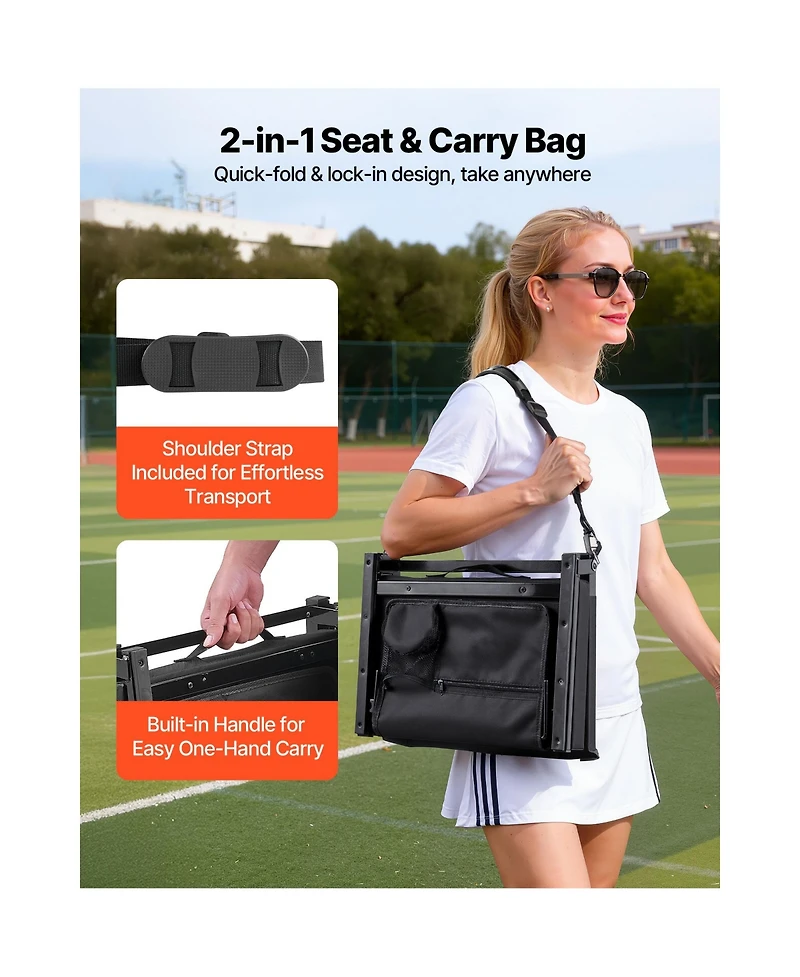 Sugift 17 Inch Folding Bleacher Seat with Back Support Shoulder Strap and Cup Holder
