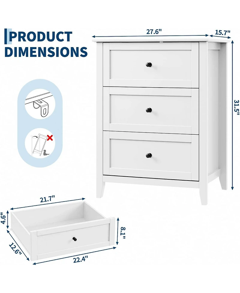 Gaomon 27.5" 3-Drawer Dresser with Lacquered Finish and Gold Knobs