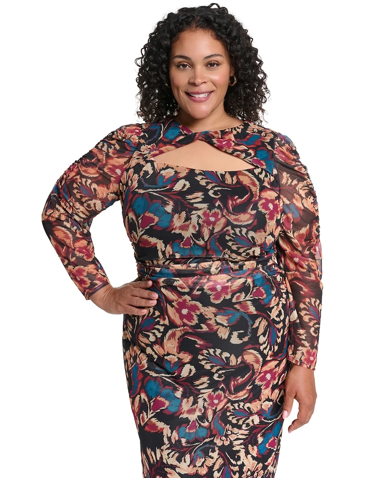 Vince Camuto Plus Ptd Mesh Twist Neck Body Floral-Print Turtleneck Dress